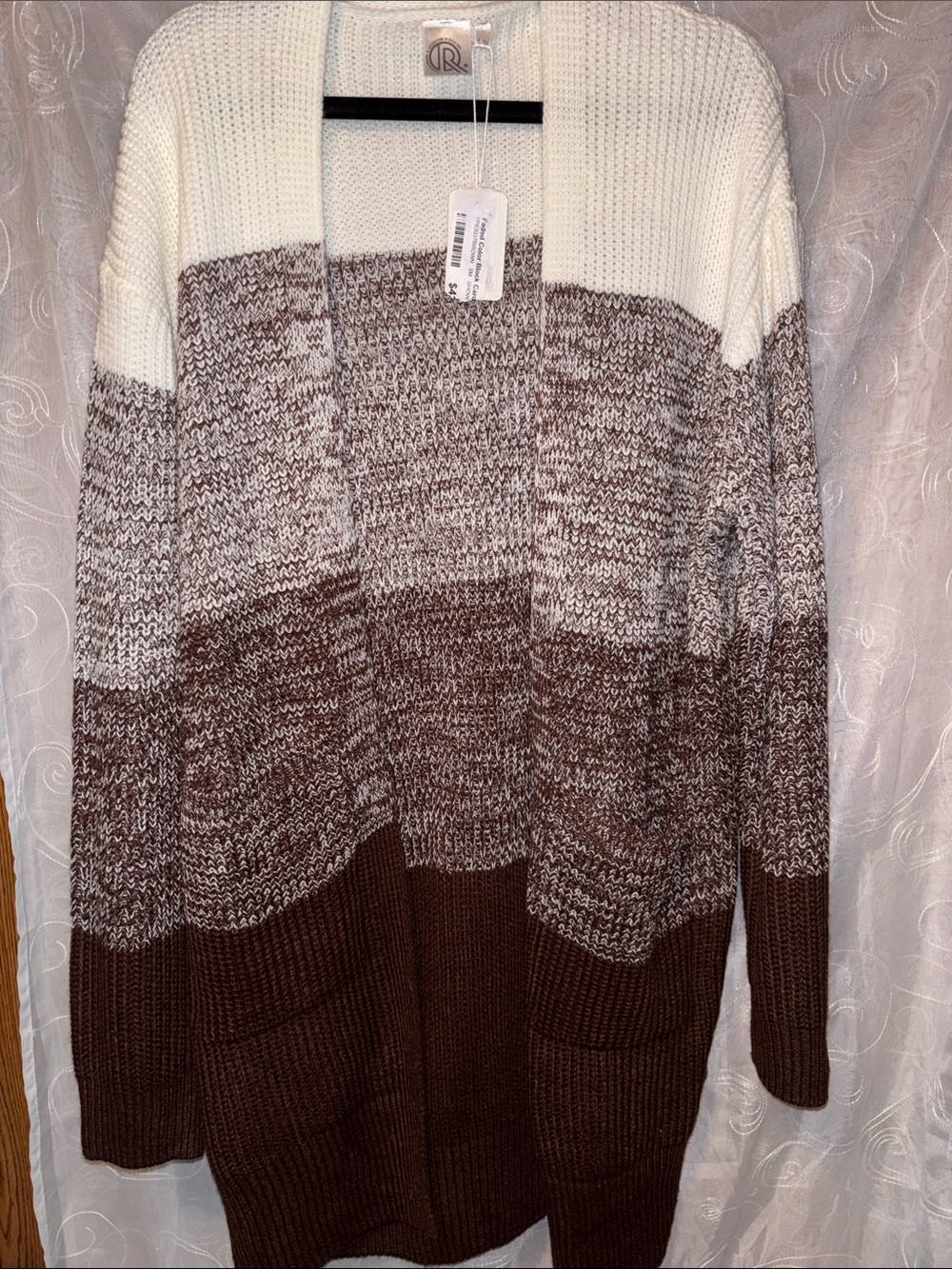 Open-Front Ombre Knit Cardigan Sweater - Cream & Brown
